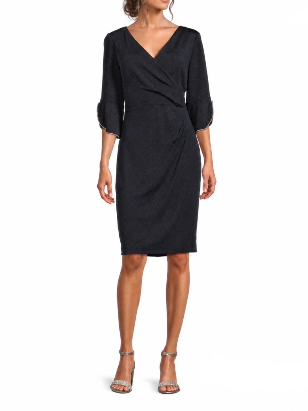 Le Bos, Glitter Knit, Rhinestone Rimmed 3/4 Sleeves, Faux Wrap Dress
